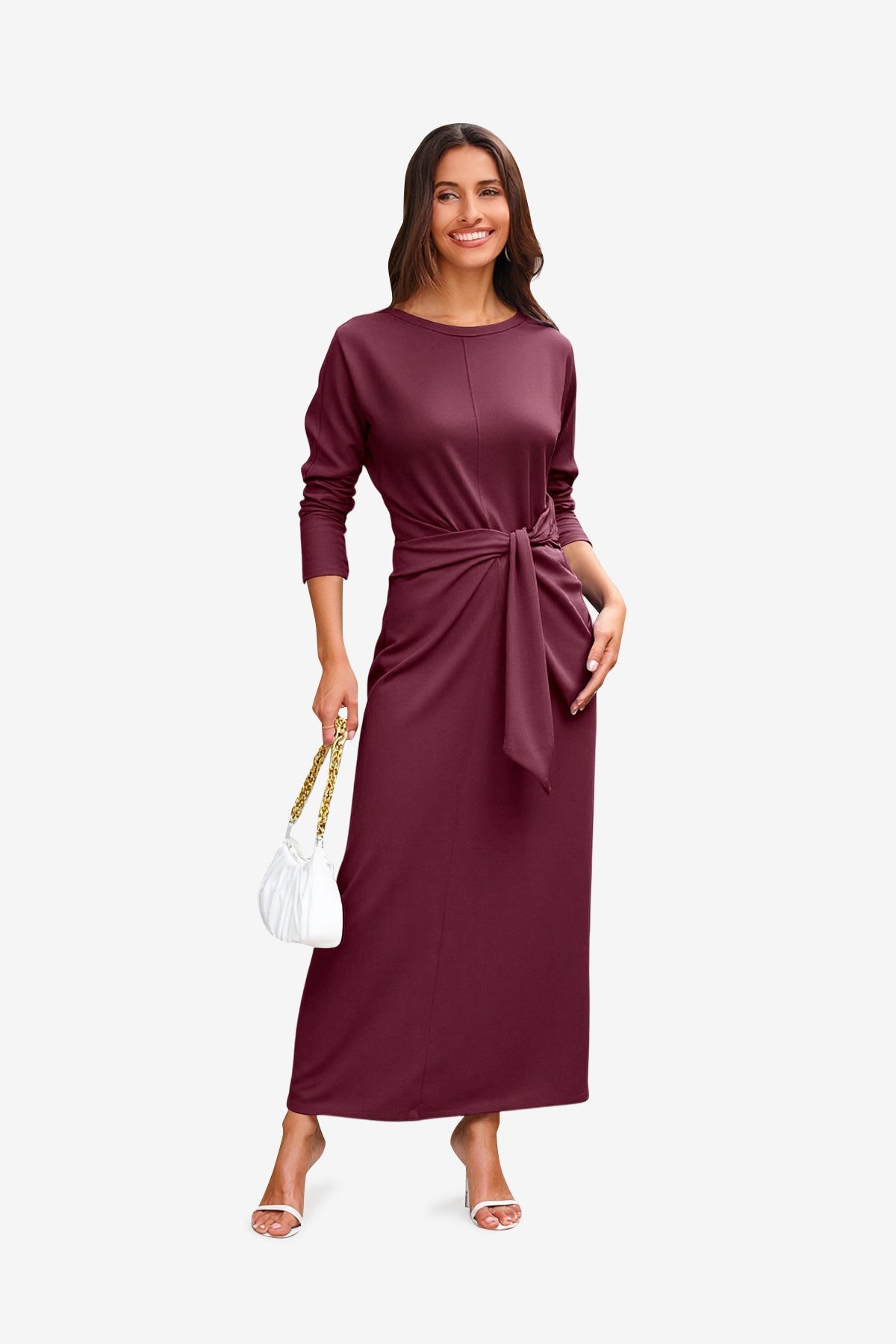 ladies burgundy dresses Burgundy Tie-Waist Midi Dress with Pockets L