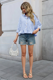 Cicy Bell Womens Blue Ruffle Striped Shirts