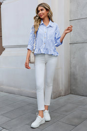 Cicy Bell Womens Blue Ruffle Striped Shirts