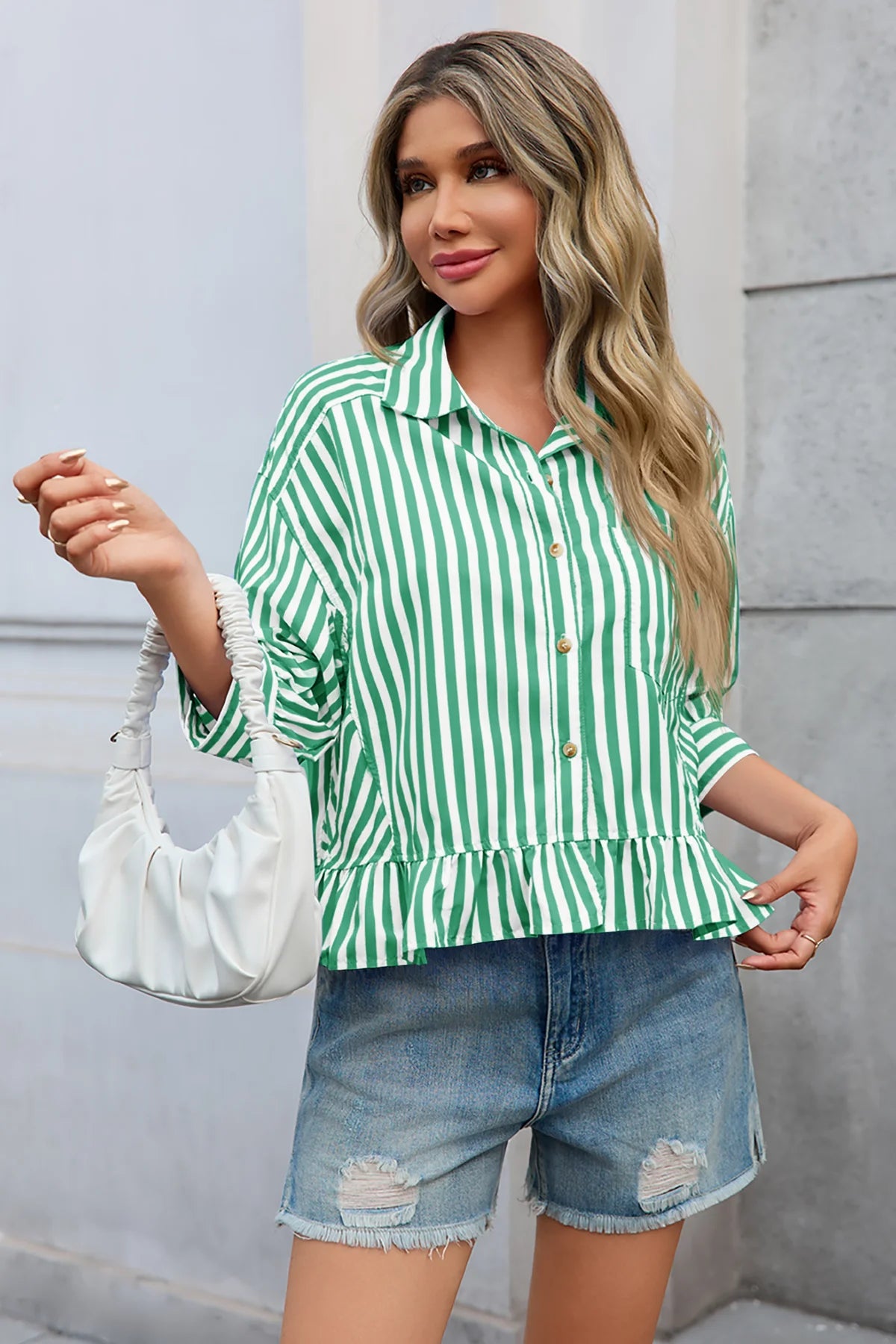 Cicy Bell Womens Green Ruffle Striped Shirts