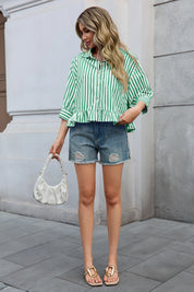 Cicy Bell Womens Green Ruffle Striped Shirts