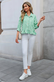 Cicy Bell Womens Green Ruffle Striped Shirts