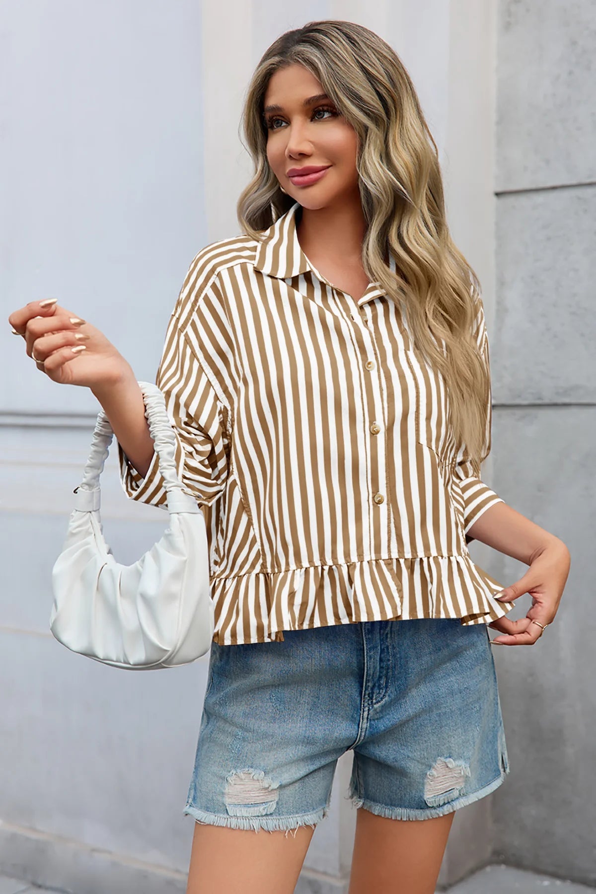 Cicy Bell Womens Khaki Ruffle Striped Shirts