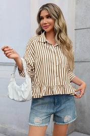Cicy Bell Womens Khaki Ruffle Striped Shirts