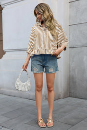 Cicy Bell Womens Khaki Ruffle Striped Shirts