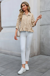 Cicy Bell Womens Khaki Ruffle Striped Shirts