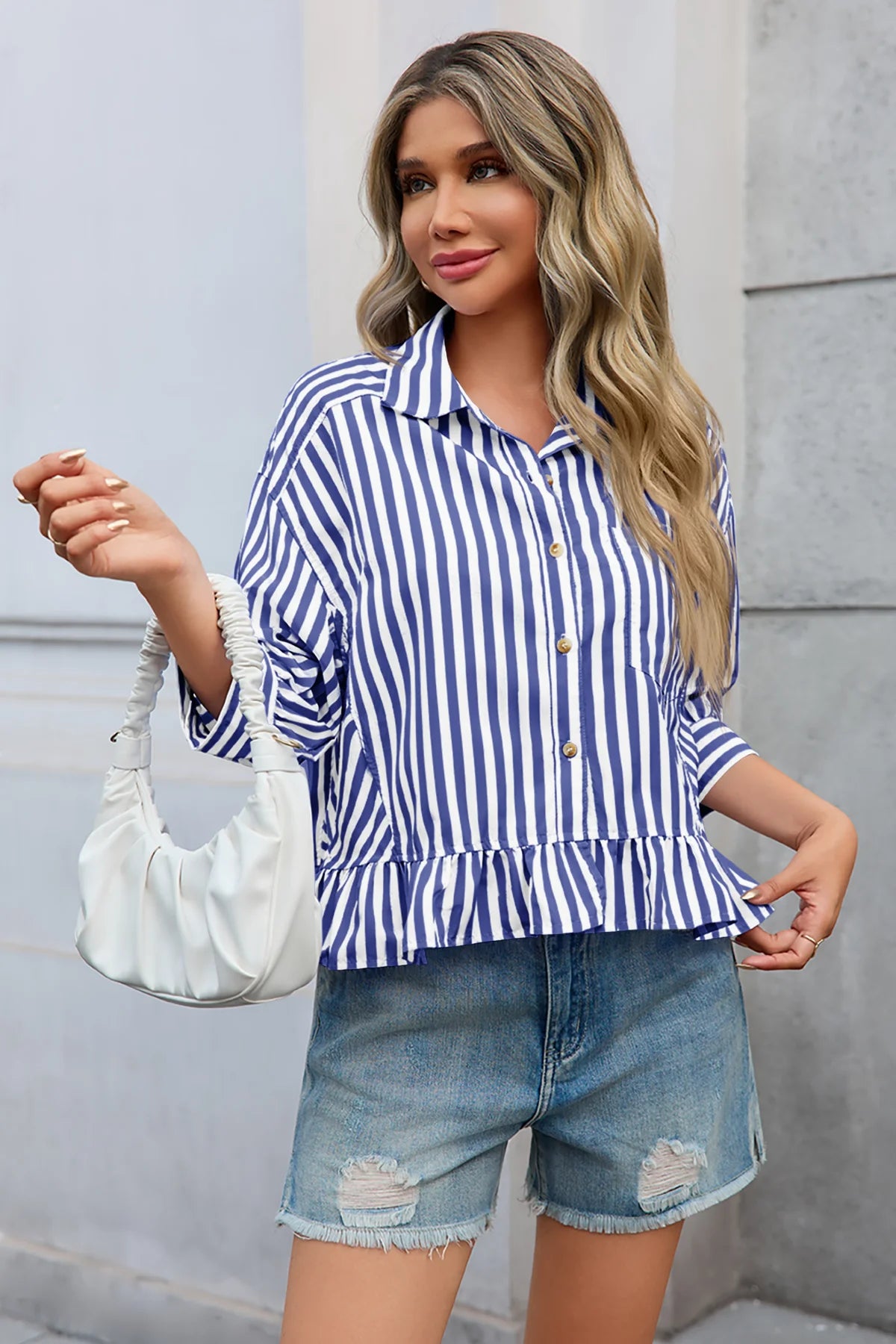 Cicy Bell Womens Navy Ruffle Striped Shirts