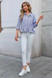 Cicy Bell Womens Navy Ruffle Striped Shirts