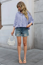 Cicy Bell Womens Navy Ruffle Striped Shirts