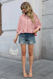 Cicy Bell Womens Red Ruffle Striped Shirts