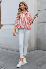 Cicy Bell Womens Red Ruffle Striped Shirts
