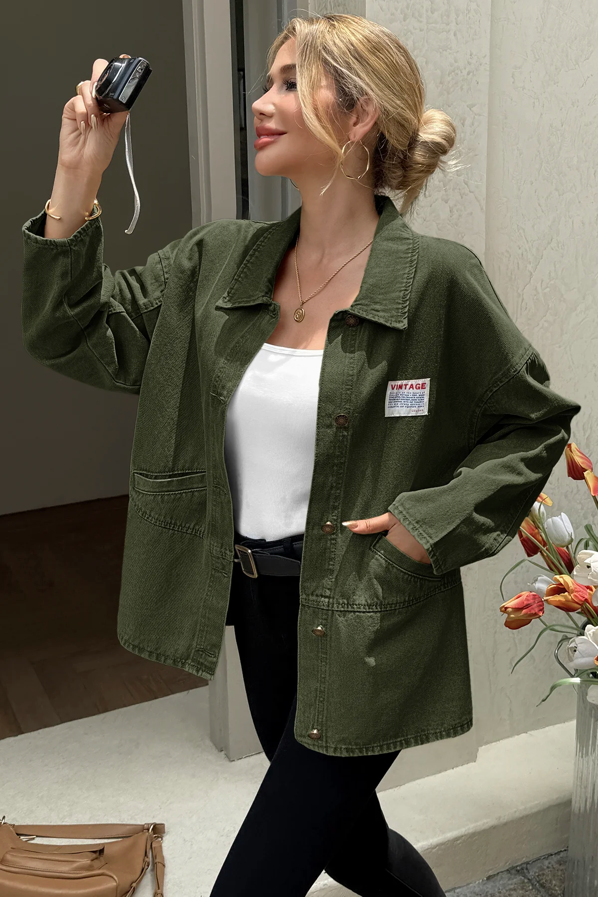 Cicy Bell Womens Army Green Oversized Denim Jackets