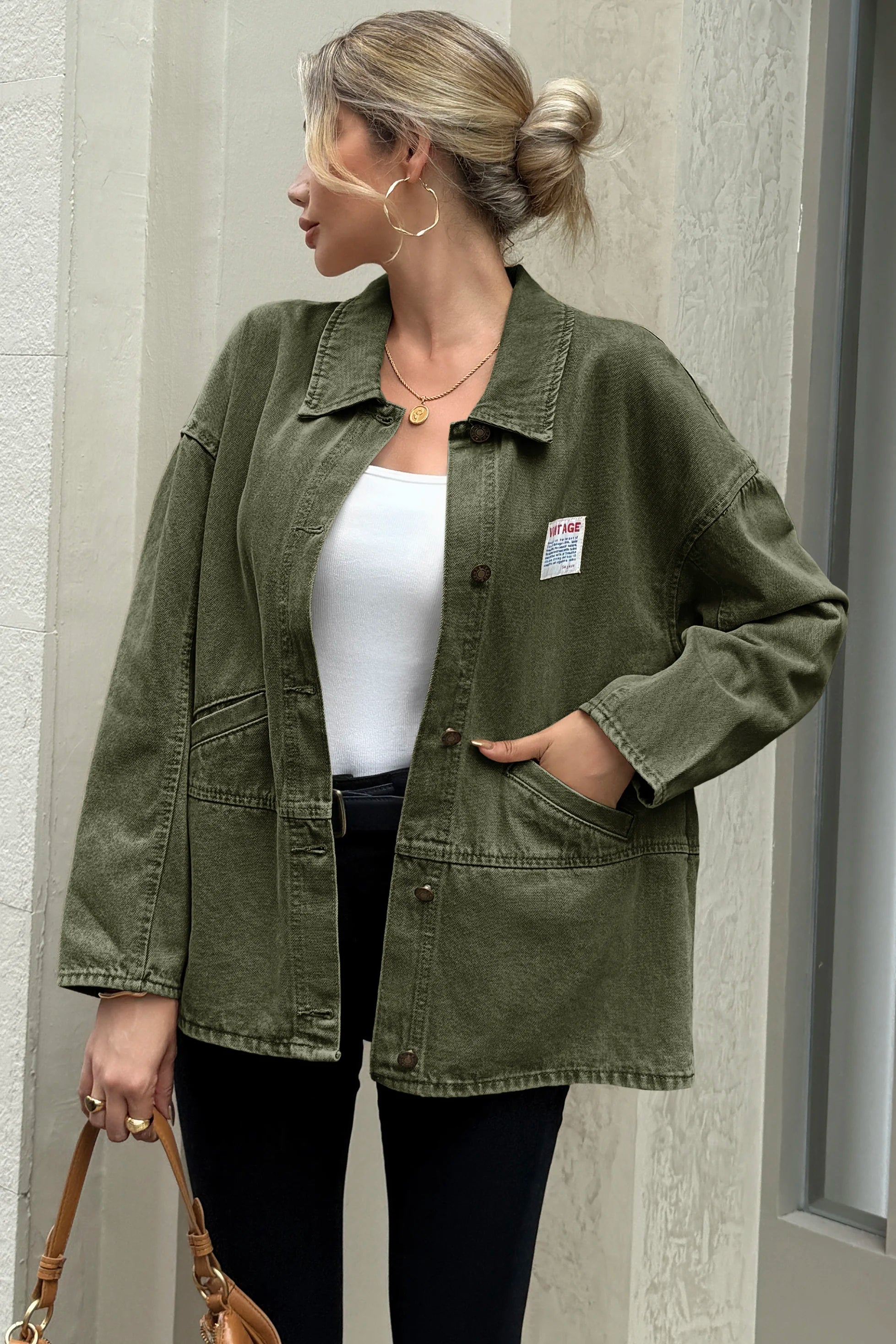 Cicy Bell Womens Army Green Oversized Denim Jackets