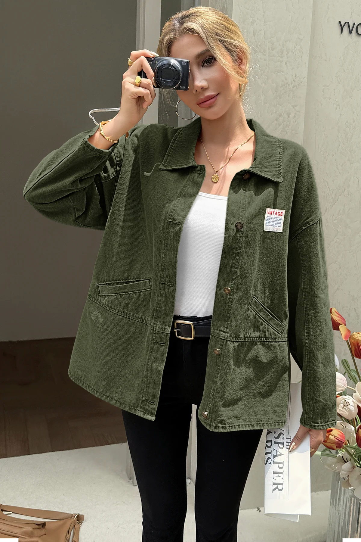 Cicy Bell Womens Army Green Oversized Denim Jackets