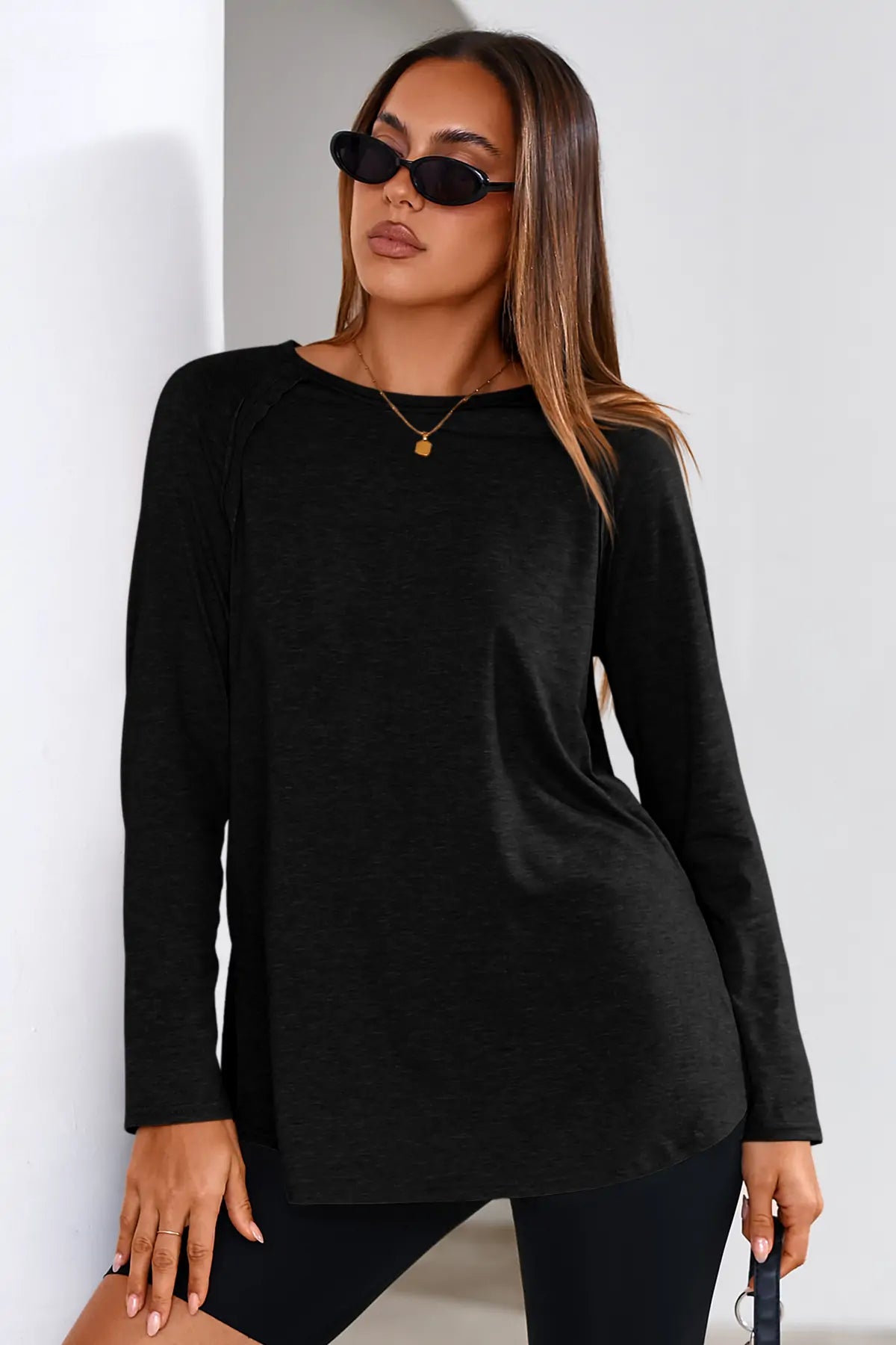 Cicy Bell Womens Black Long Sleeve Tunic Tops
