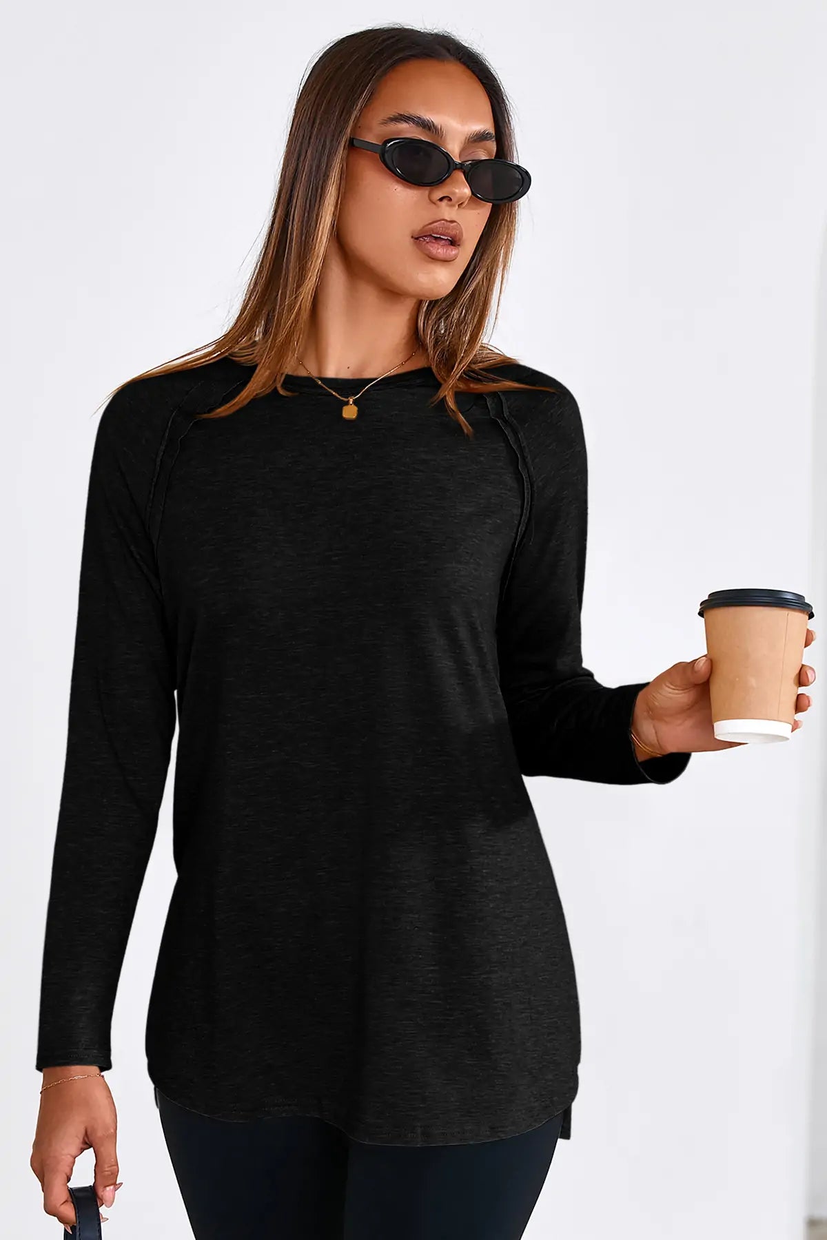Cicy Bell Womens Black Long Sleeve Tunic Tops