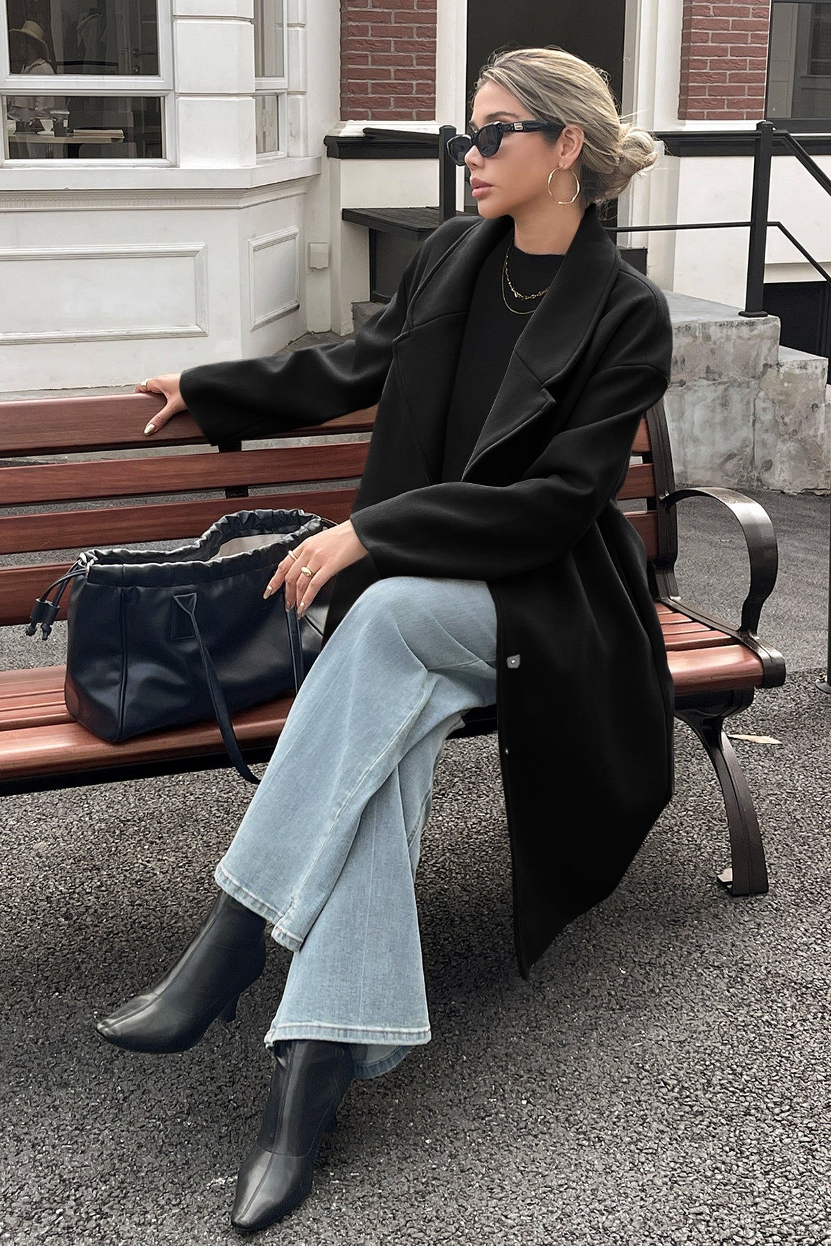 Cicy Bell Womens Black Wool Blend Trench Coat