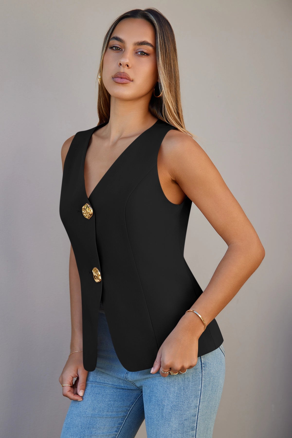 Cicy Bell Womens Black V Neck Vest Tops