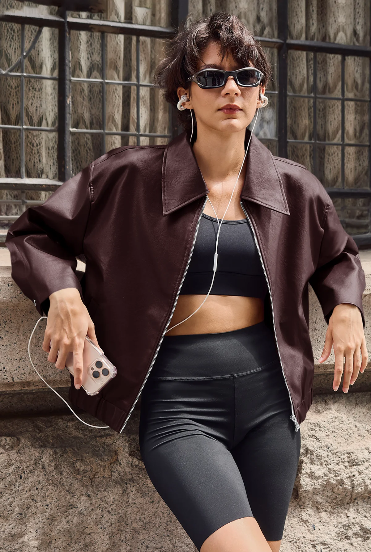 Cicy Bell Womens Brown Faux Leather Jacket