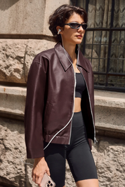 Cicy Bell Womens Brown Faux Leather Jacket