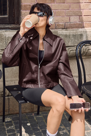 Cicy Bell Womens Brown Faux Leather Jacket