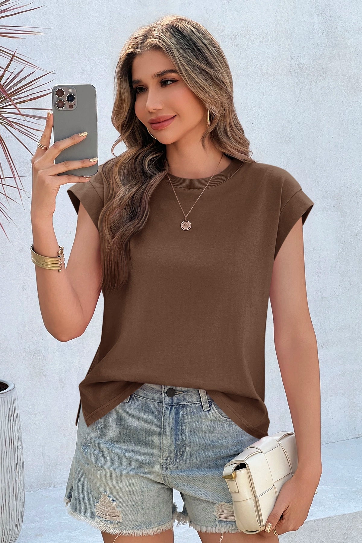 Cicy Bell Womens Coffee Cap Sleeve Shirts