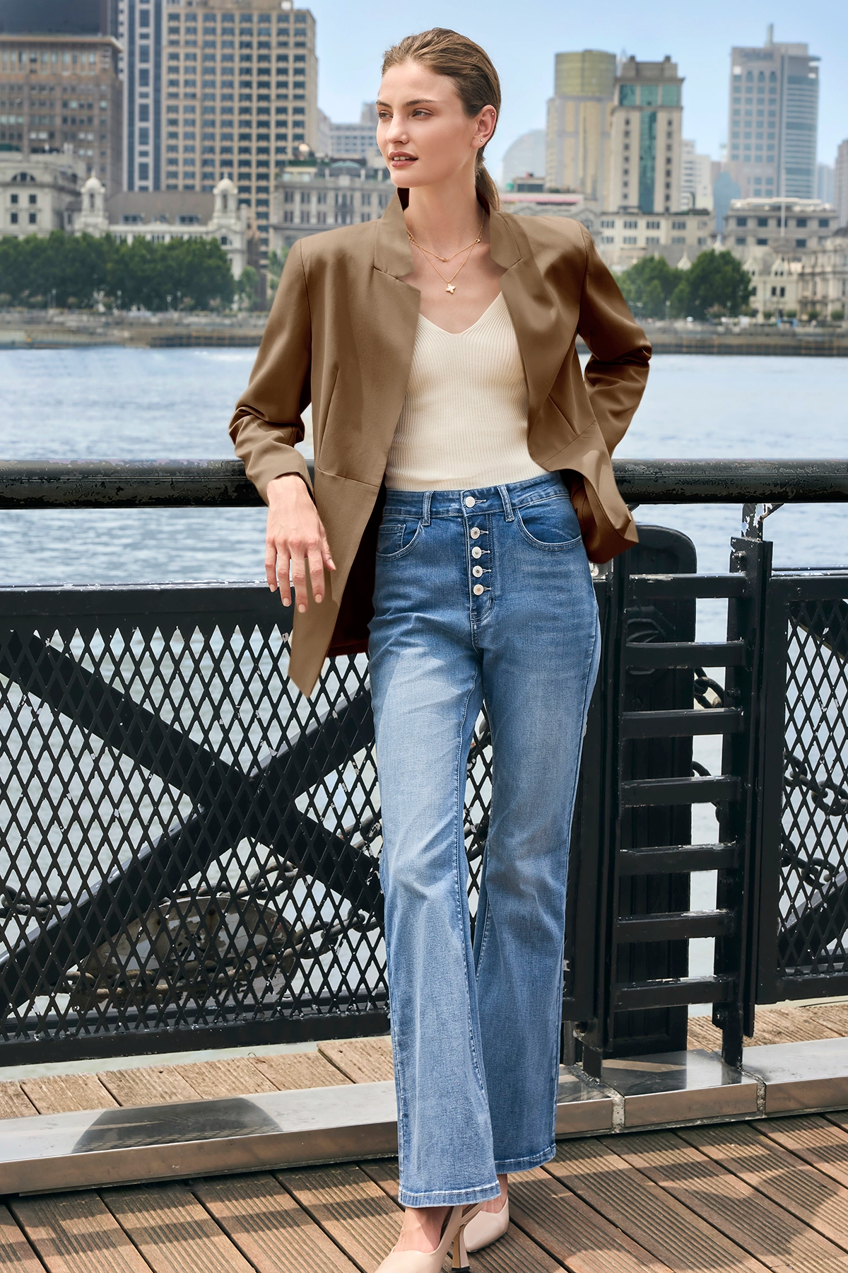 Cicy Bell Womens Dark Khaki Business Casual Blazer