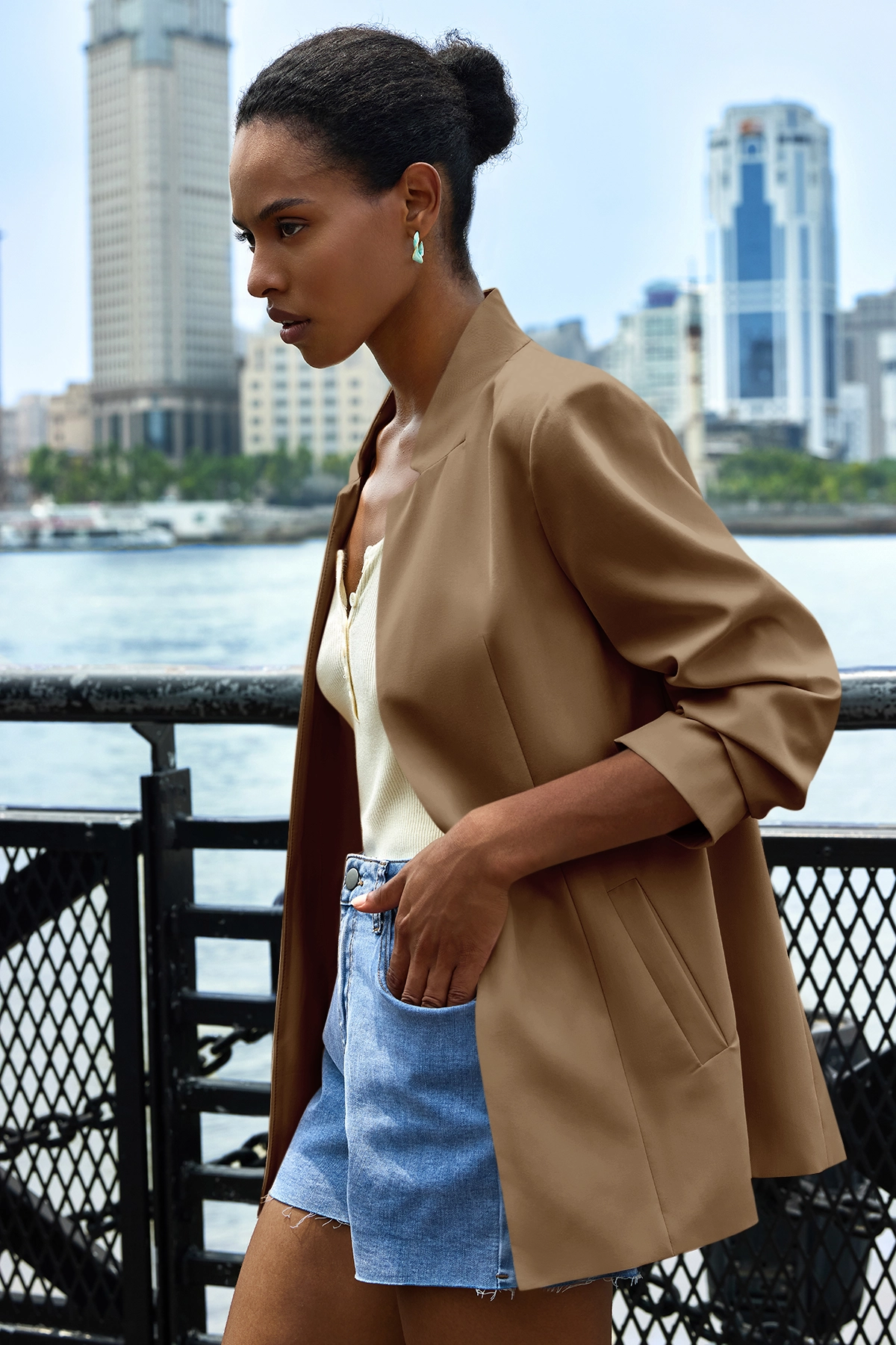 Cicy Bell Womens Dark Khaki Business Casual Blazer