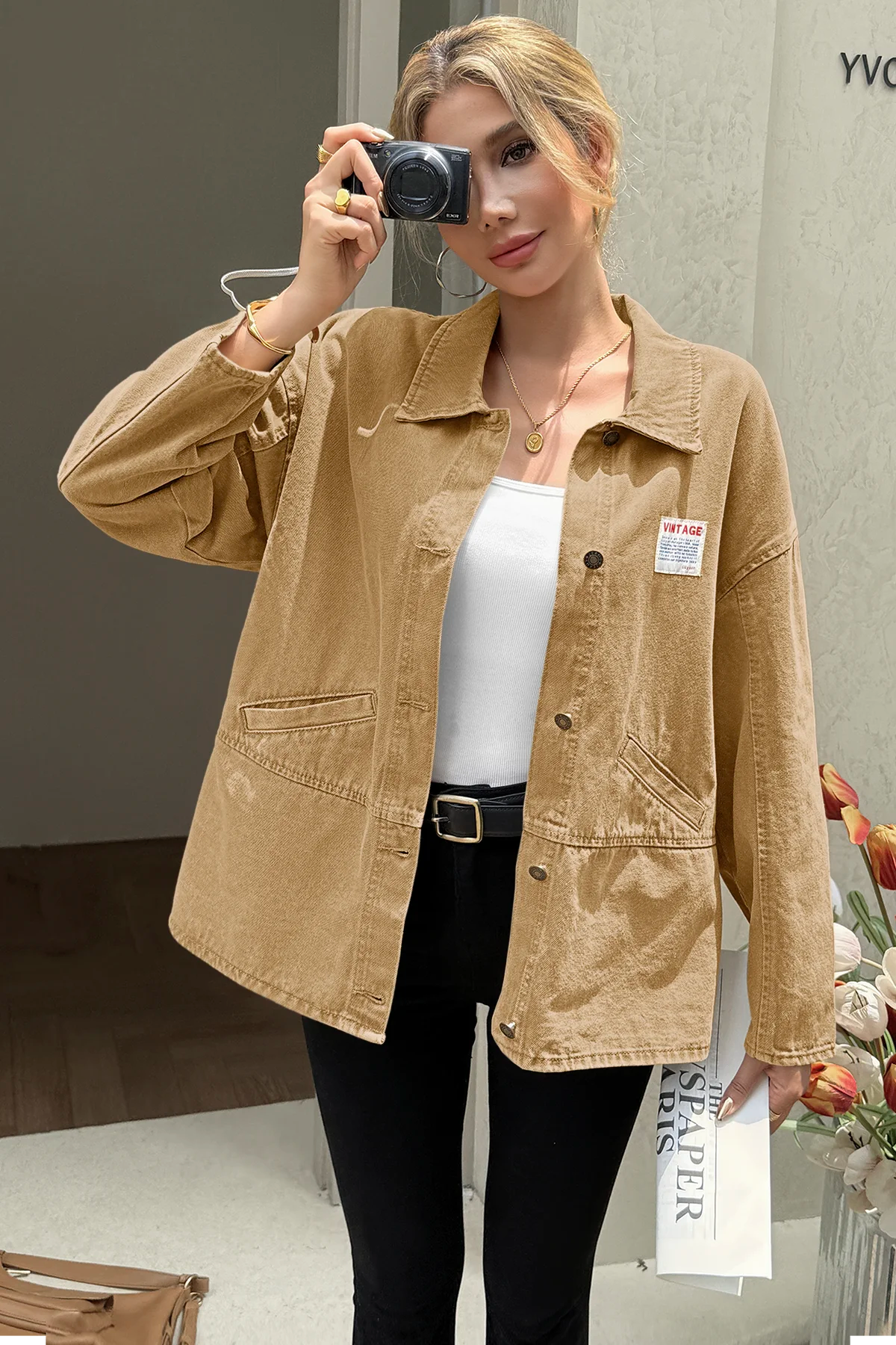 Cicy Bell Womens Khaki Oversized Denim Jackets