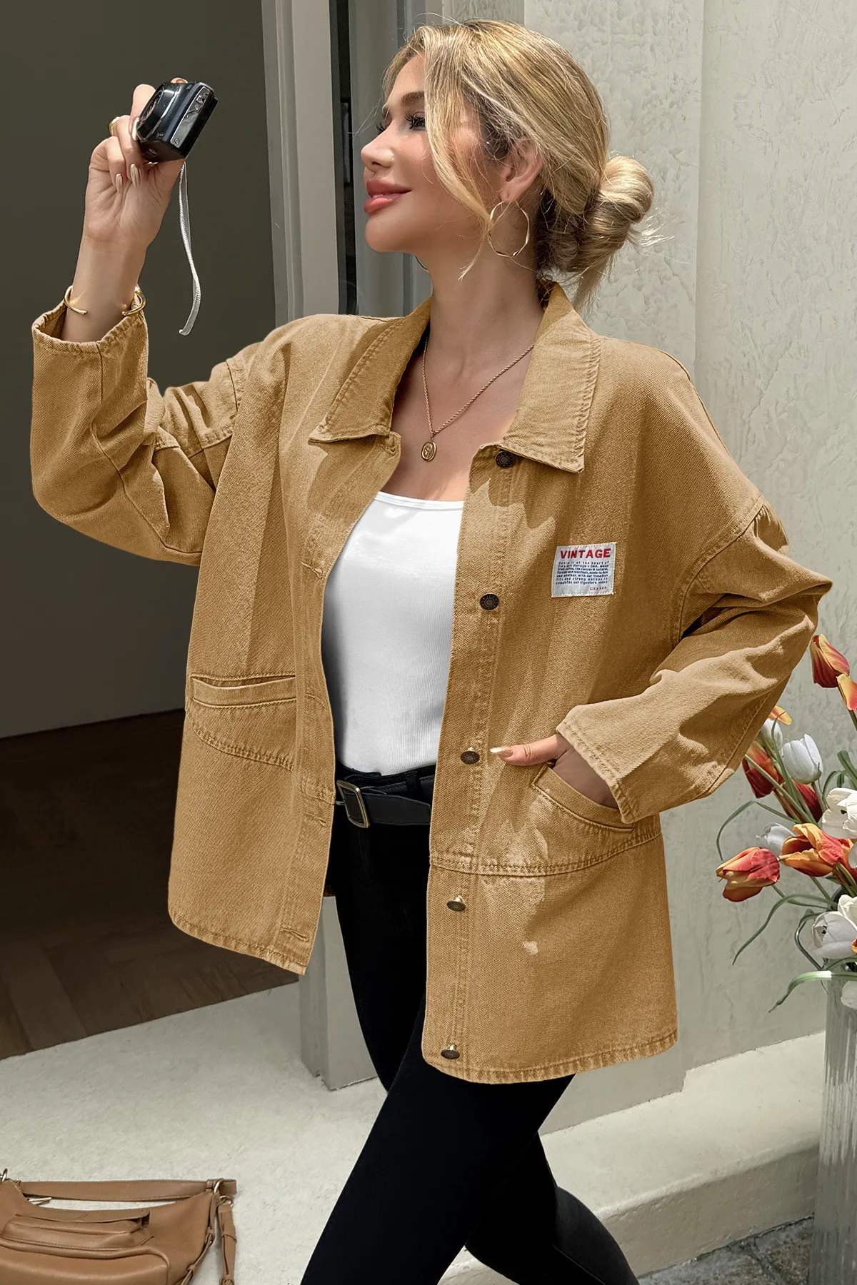 Cicy Bell Womens Khaki Oversized Denim Jackets