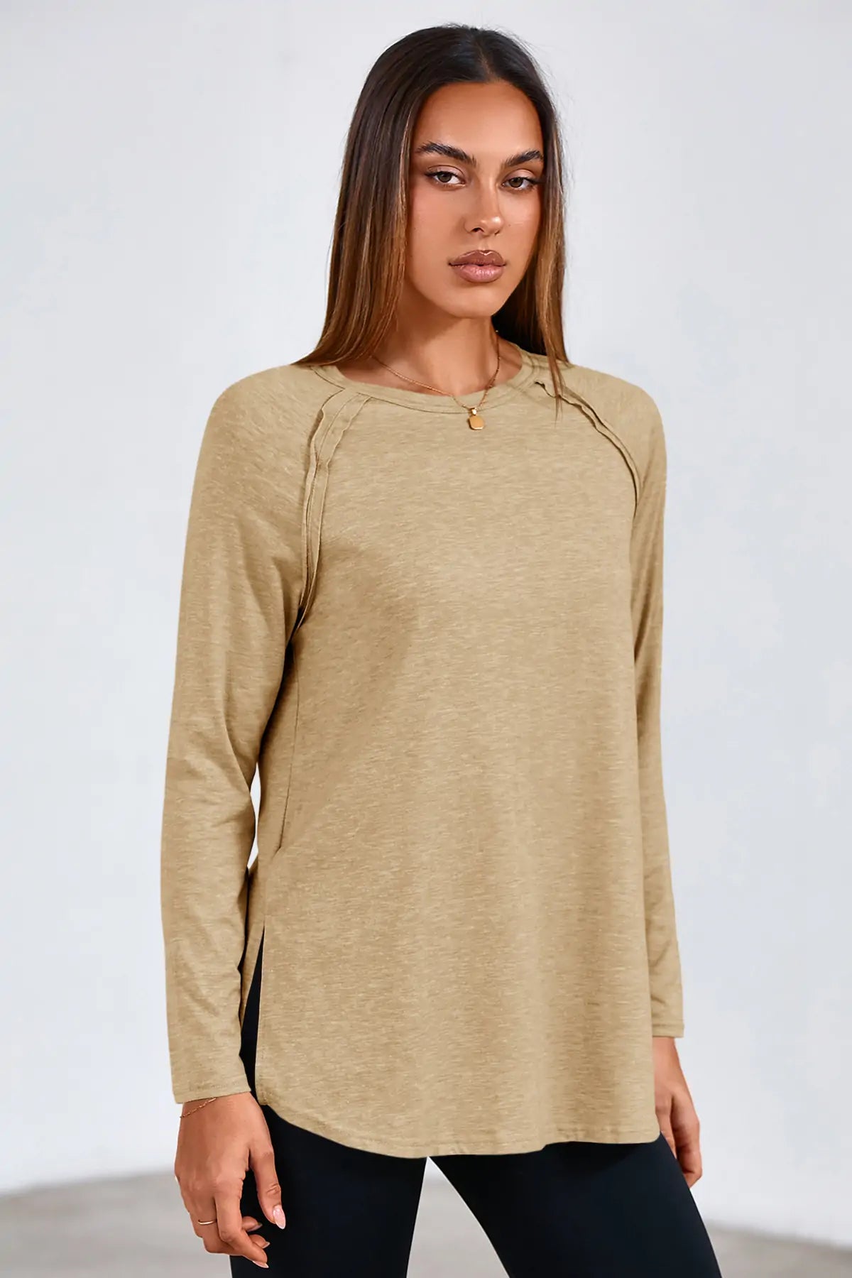 Cicy Bell Womens Khaki Long Sleeve Tunic Tops