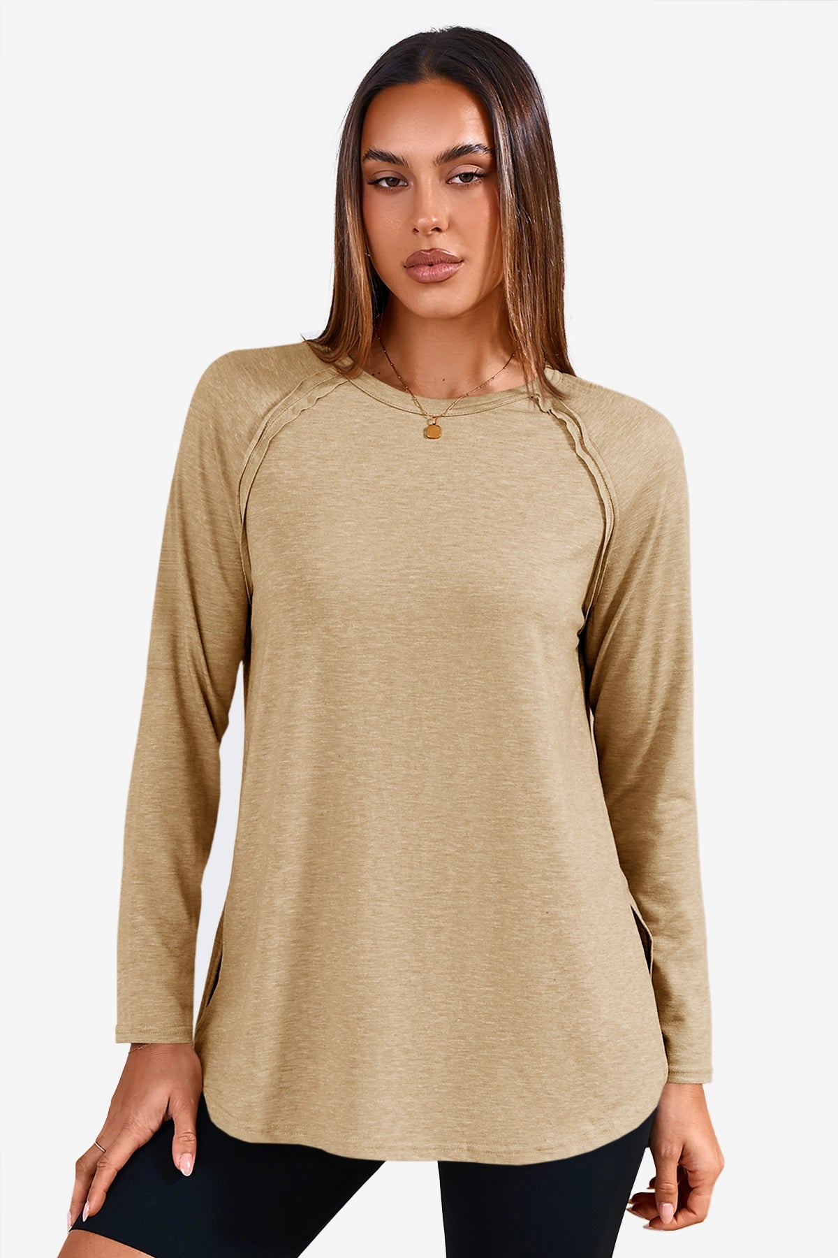 Cicy Bell Womens Khaki Long Sleeve Tunic Tops