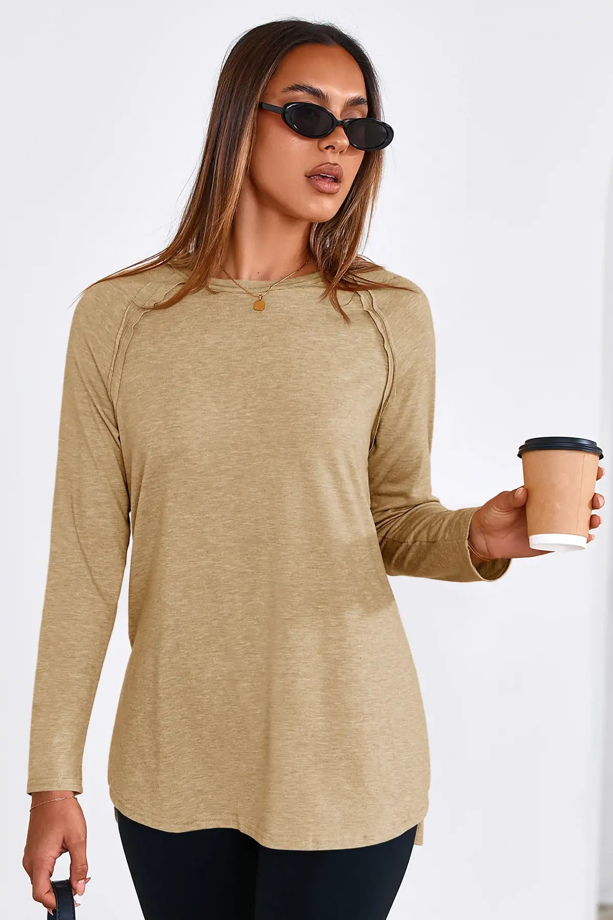 Cicy Bell Womens Khaki Long Sleeve Tunic Tops