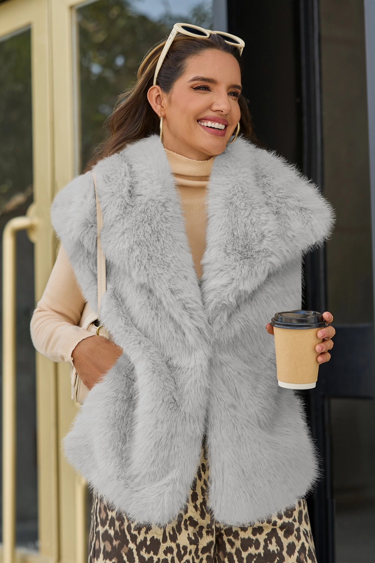 Cicy Bell Womens Light Grey Faux Fur Vest