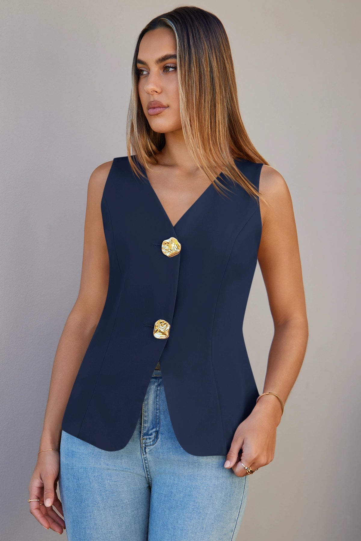 Cicy Bell Womens Navy V Neck Vest Tops