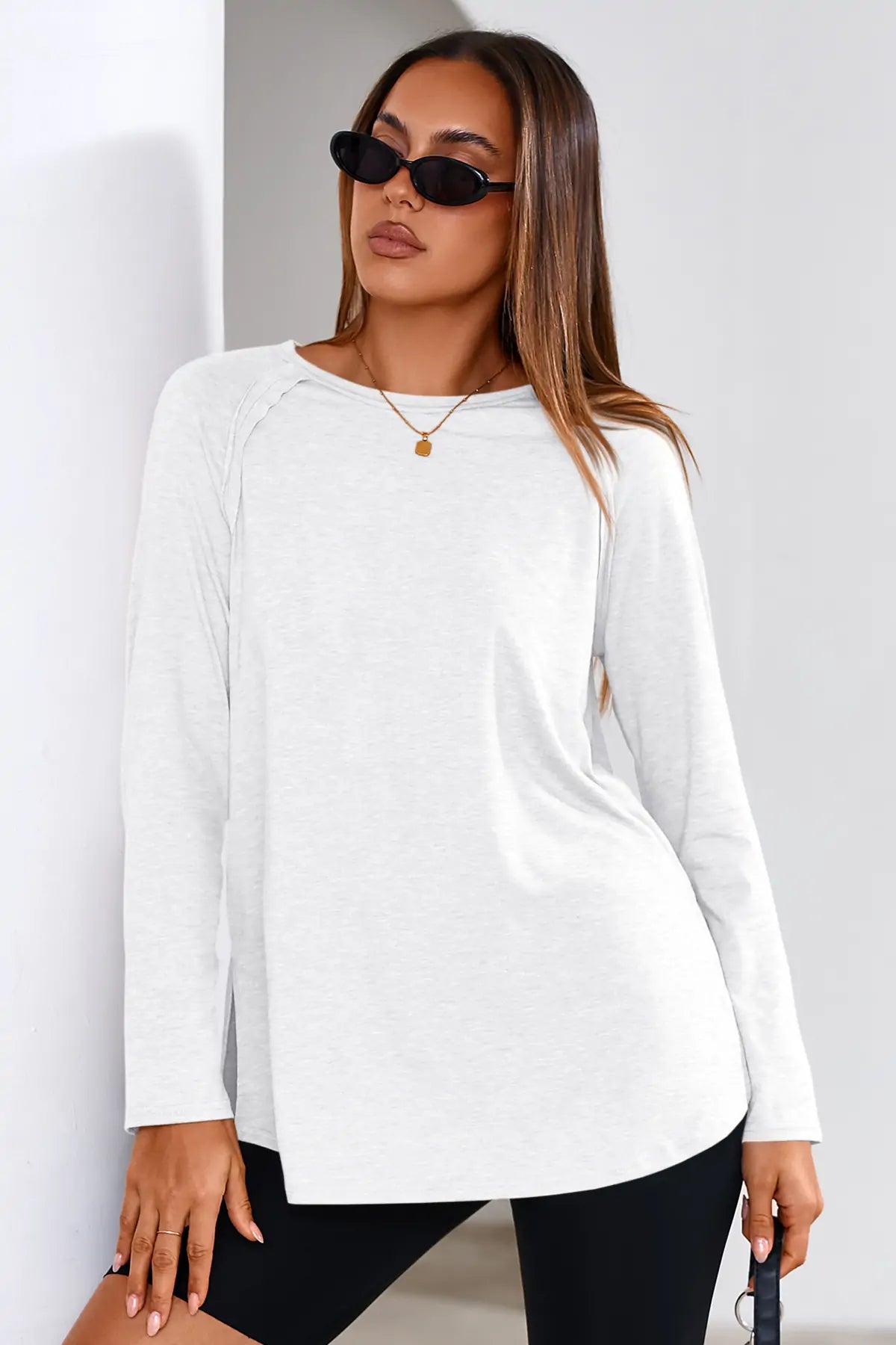 Cicy Bell Womens White Long Sleeve Tunic Tops