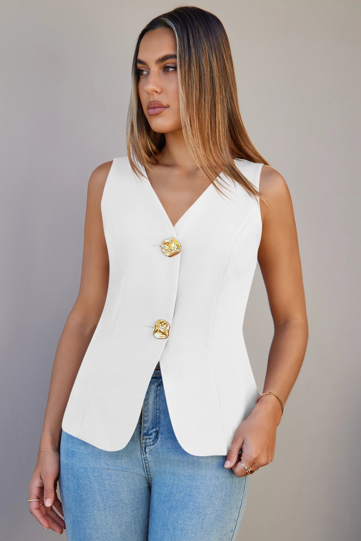 Cicy Bell Womens White V Neck Vest Tops