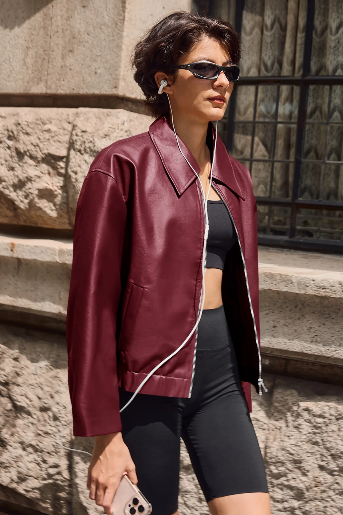 Cicy Bell Womens Wine Red Faux Leather Jacket