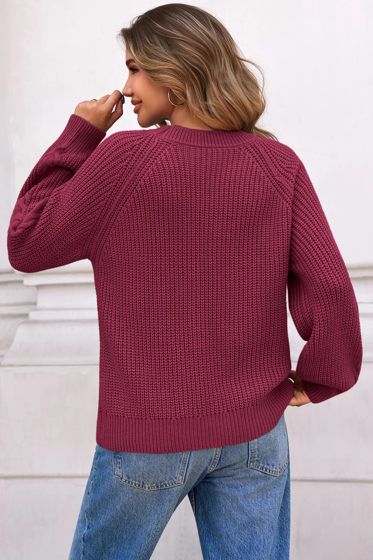 Cicy Bell Womens Wine Red Cable Sweaters