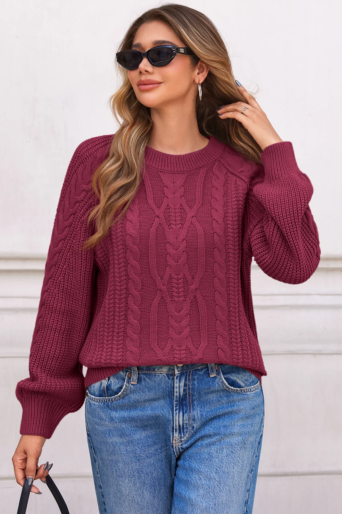 Cicy Bell Womens Wine Red Cable Sweaters