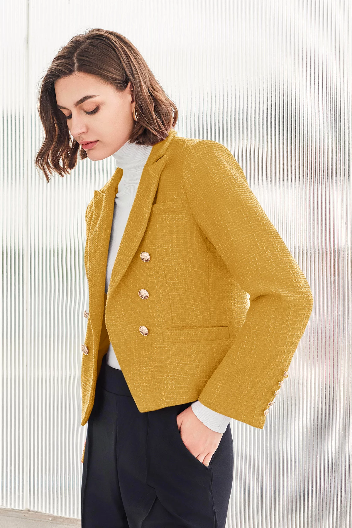 Cicy Bell Womens Yellow Tweed Blazer