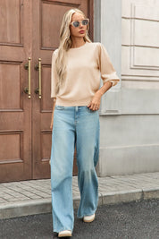 Cicy Bell Womens Beige 3/4 Puff Sleeve Sweater Tops