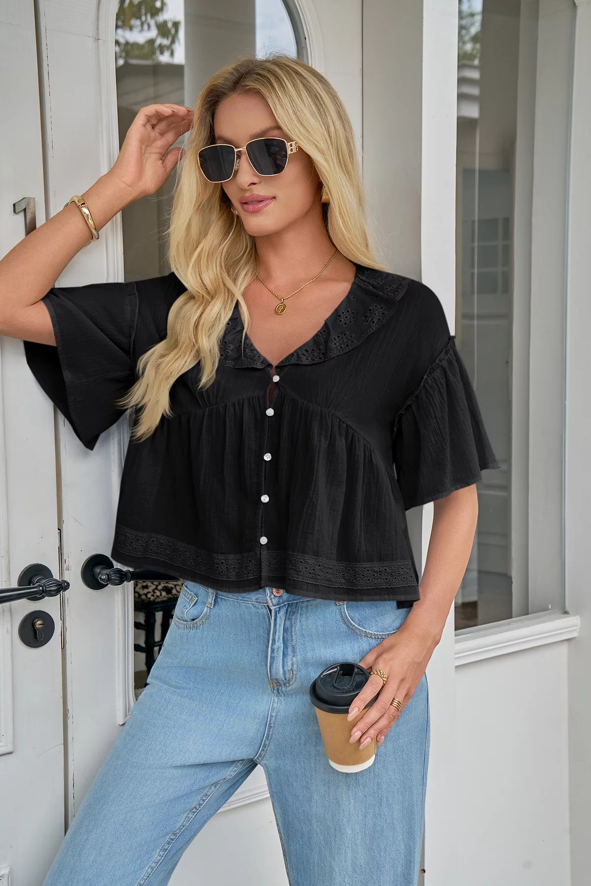 Cicy Bell Womens Black Babydoll Tops