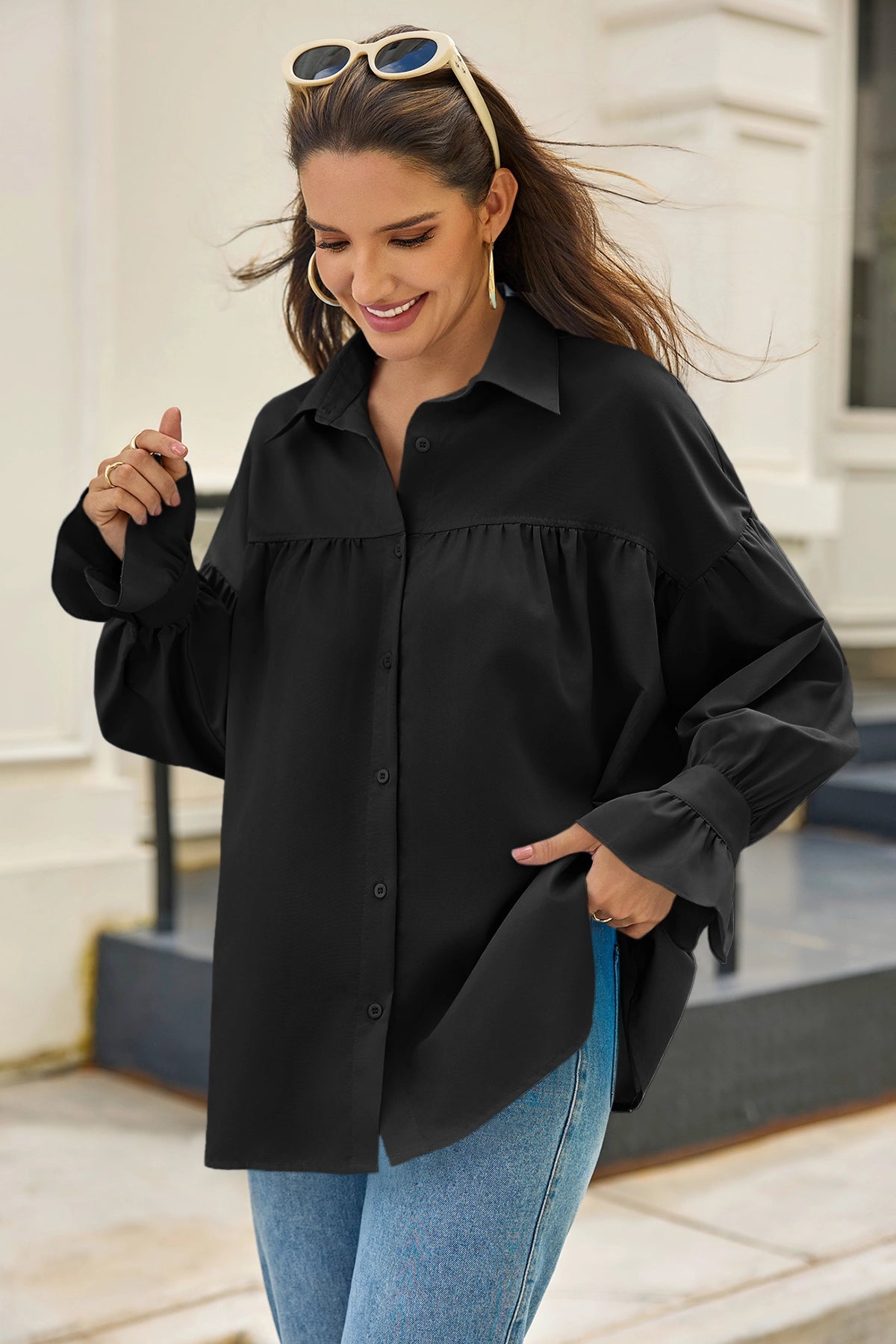 Cicy Bell Womens Black Oversized Button Down Shirts