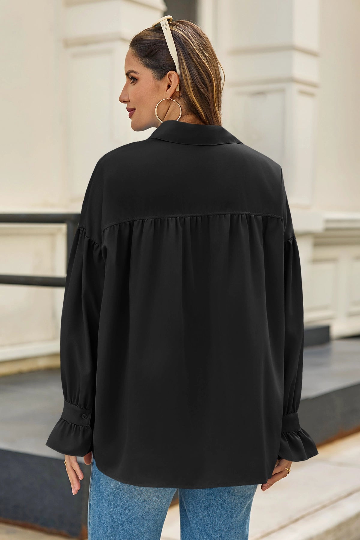 Cicy Bell Womens Black Oversized Button Down Shirts