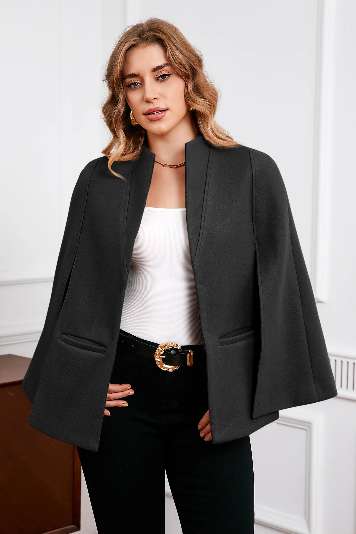 Cicy Bell Womens Black Cape Pea Coat