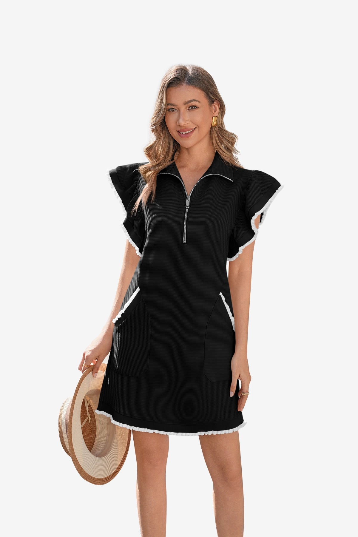 Womens Black Ruffle Cap Sleeve Dress