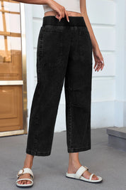 Cicy Bell Womens Black Smocked Barrel Jeans