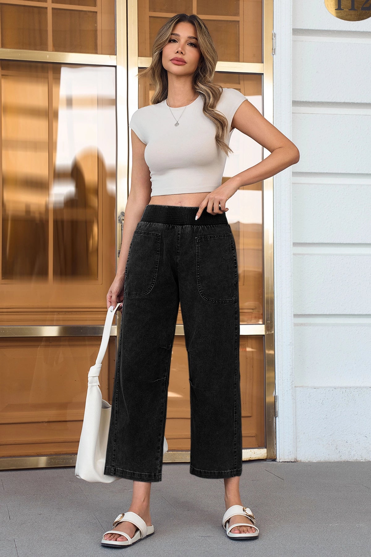 Cicy Bell Womens Black Smocked Barrel Jeans