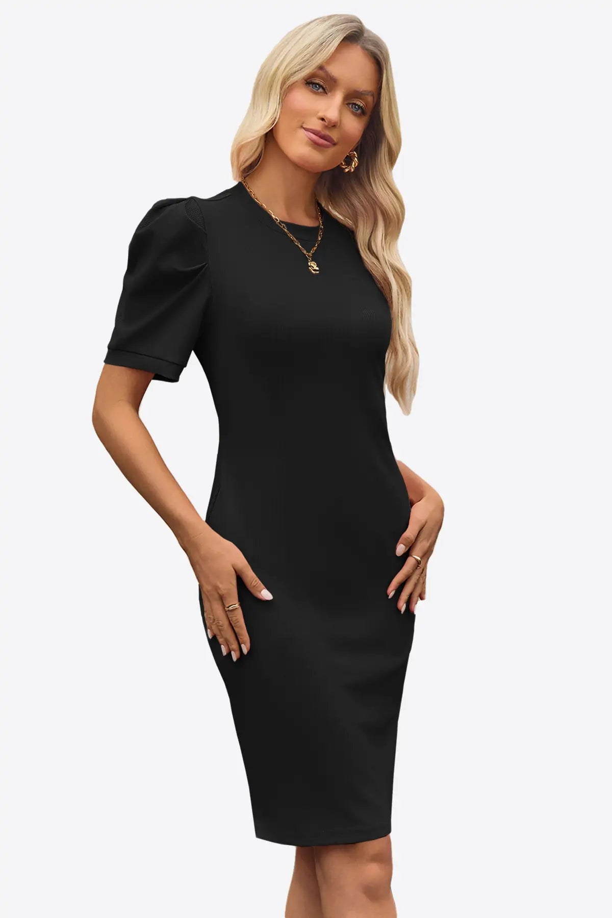 Cicy Bell Womens Black Puff Sleeve Bodycon Work Dresses